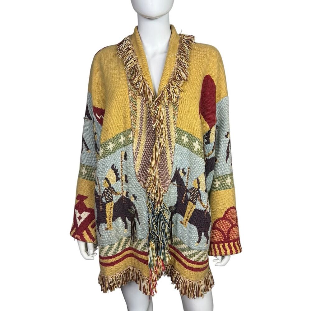 Vtg Lew Magram Collection Women's O/S Western Tapestry Fringe Cardigan EUC Rare